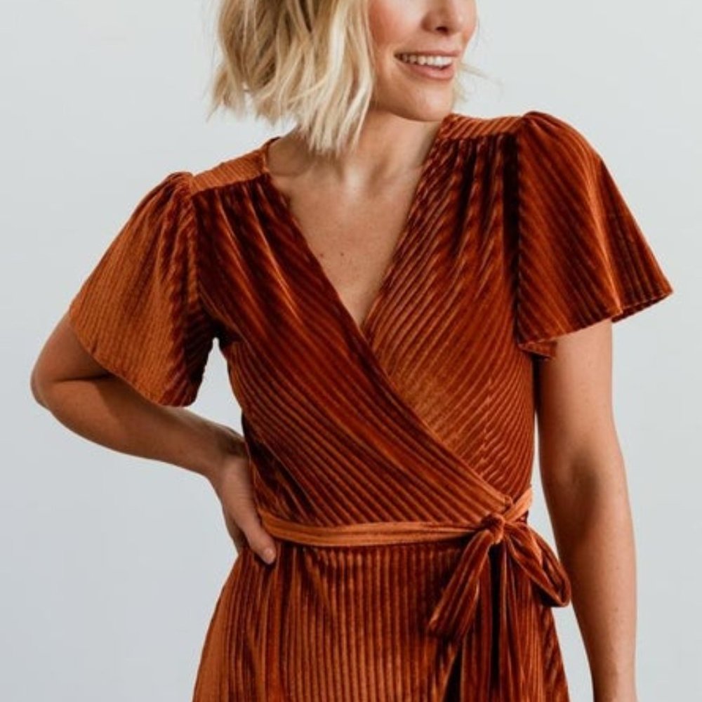 Baltic Born Andi Ribbed Velvet Wrap Dress Copper (Size XS)